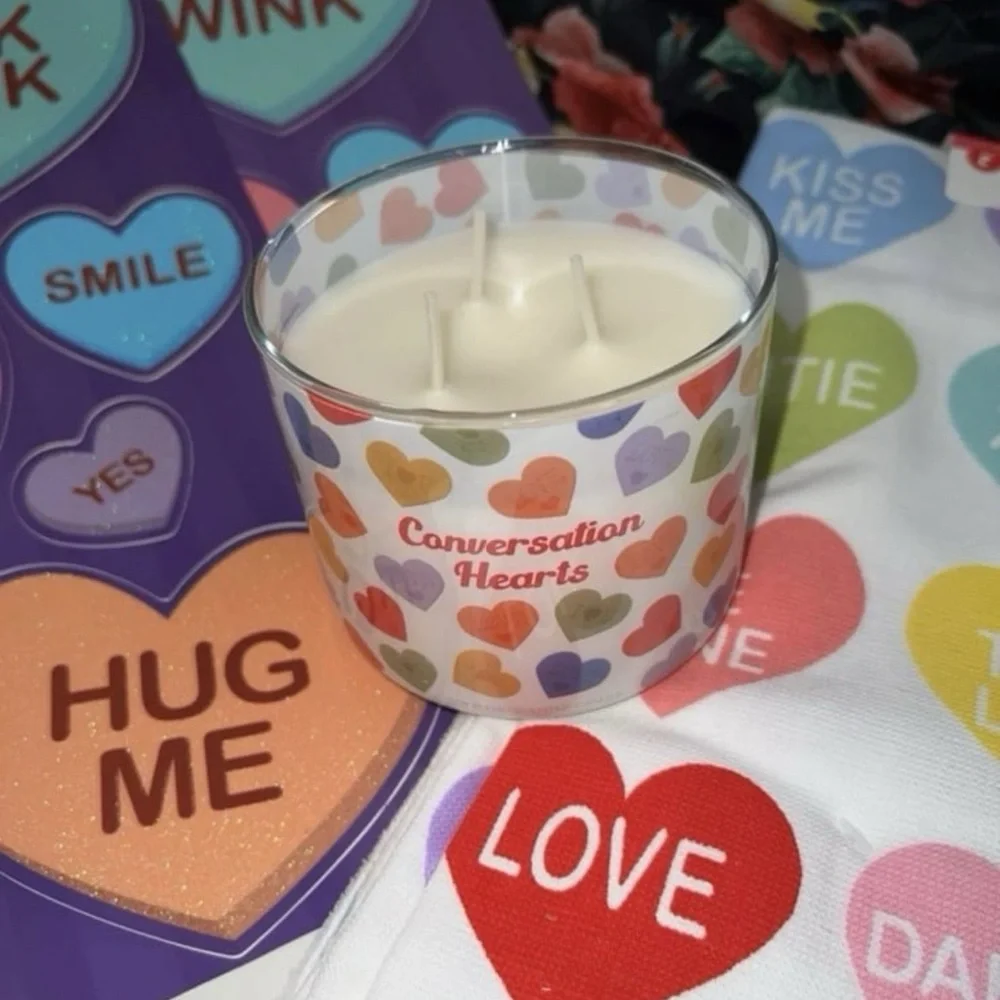 Vintage Conversation Heart string lights, soy candle, clings, & hand towel LOT